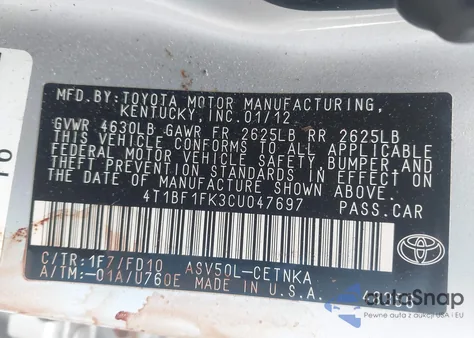 2012 Toyota Camry Le z USA, uszkodzony, nr VIN 4T1BF1FK3CU047697